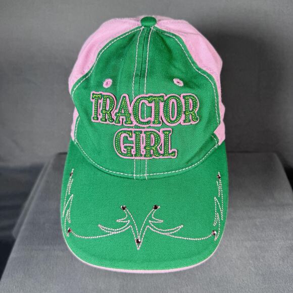 John Deere Hat Cap Strap Back Green Pink Tractor Girl Rhinestone Womens - Picture 1 of 11